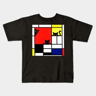 Mondrian Cats Composition with Red, Yellow, Blue, and Black Kids T-Shirt